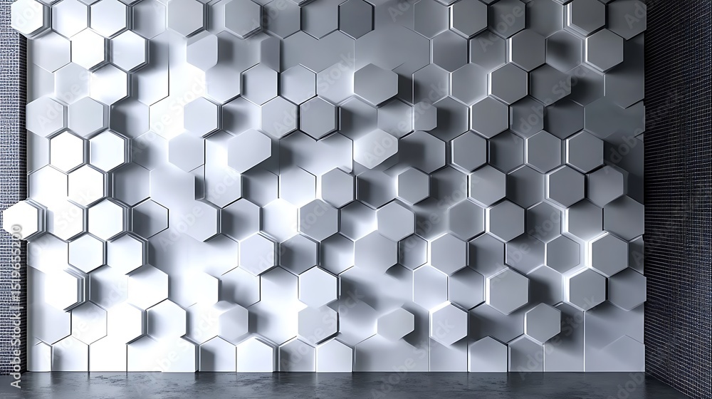 Poster abstract 3d rendered wall featuring a pattern of white and grey hexagonal tiles illuminated with con