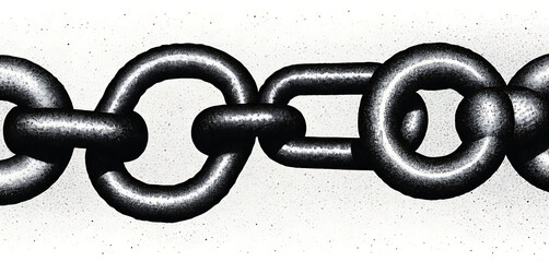 Chain links breaking apart in inked stipple, with gritty print textures
