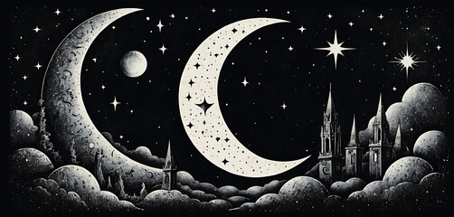 Crescent moon in halftone stipple, surrounded by occult symbols and grunge grain
