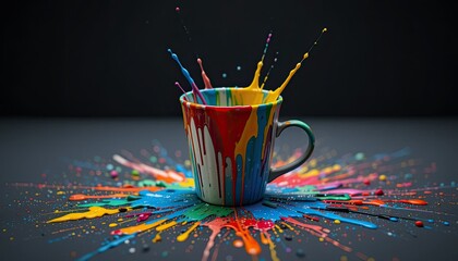 On a dark background, a cup was splashed with colorful paint.