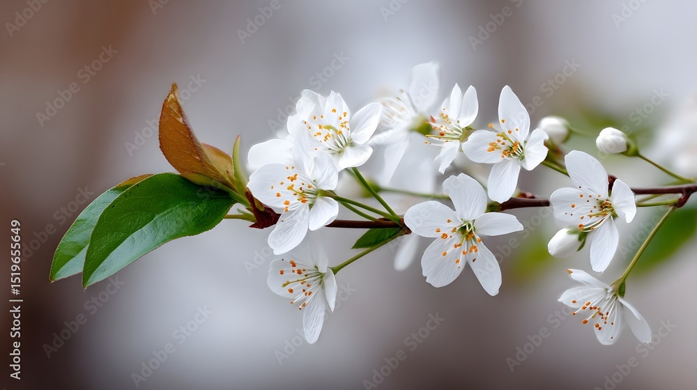 Poster delicate white flowering branch with soft bokeh