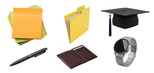 Still life of office and graduation related items study life icons collections  png transparent student life elements sticky notes folder wrist watch pen graduation cap png 