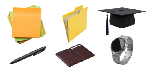 Still life of office and graduation related items study life icons collections  png transparent student life elements sticky notes folder wrist watch pen graduation cap png 