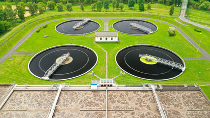 Aerial view to sewage treatment plant. Grey water recycling. Waste management in European Union.	