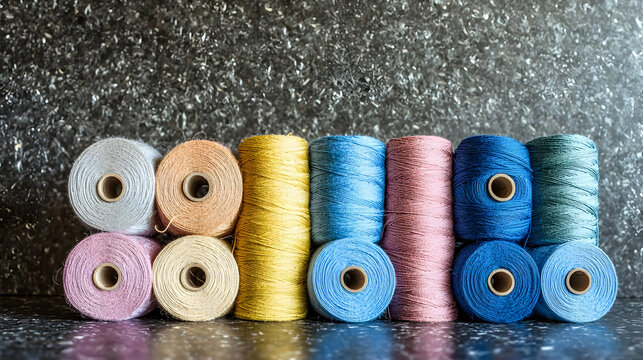 Assortment Of Colorful Yarn Rolls On Dark Background