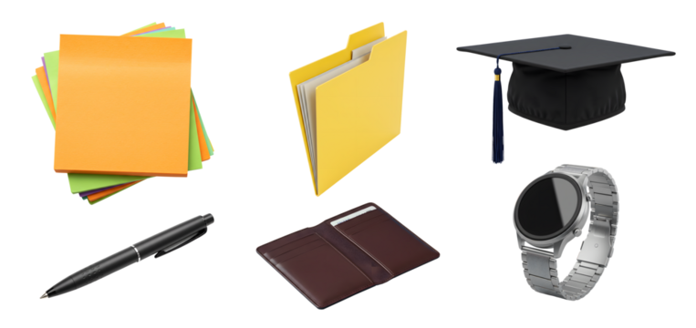 Still life of office and graduation related items study life icons collections  png transparent student life elements sticky notes folder wrist watch pen graduation cap png 