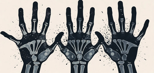 X-ray hands in lo-fi halftone and punk ink splatter aesthetics

