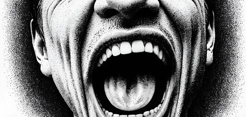Screaming mouth with stipple detail, photocopy grain and gritty shadows
