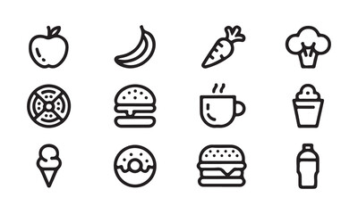 a collection of simple, black line icons representing different food and drink items.