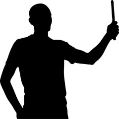 Silhouette of a person holding a stick in their hand against a white background