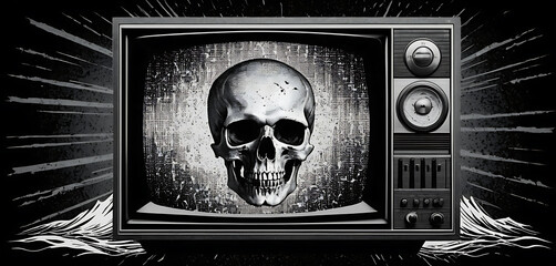 Static TV skull with grunge halftone waves and torn analog tape overlays
