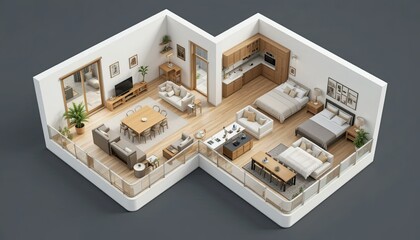 3D isometric layout of a modern two-bedroom apartment with an open floor plan. Includes a spacious living room with couches and a TV, a dining area with a long wooden table and chairs, a kitchen with 