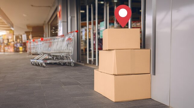 Cardboard boxes are stacked neatly on the sidewalk outside a store, while shopping carts are lined up nearby, indicating a busy retail environment during daylight