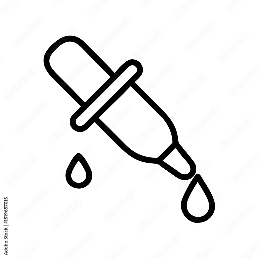 Poster outline graphic showing a dropper with two drops of liquid falling on a plain white background desig