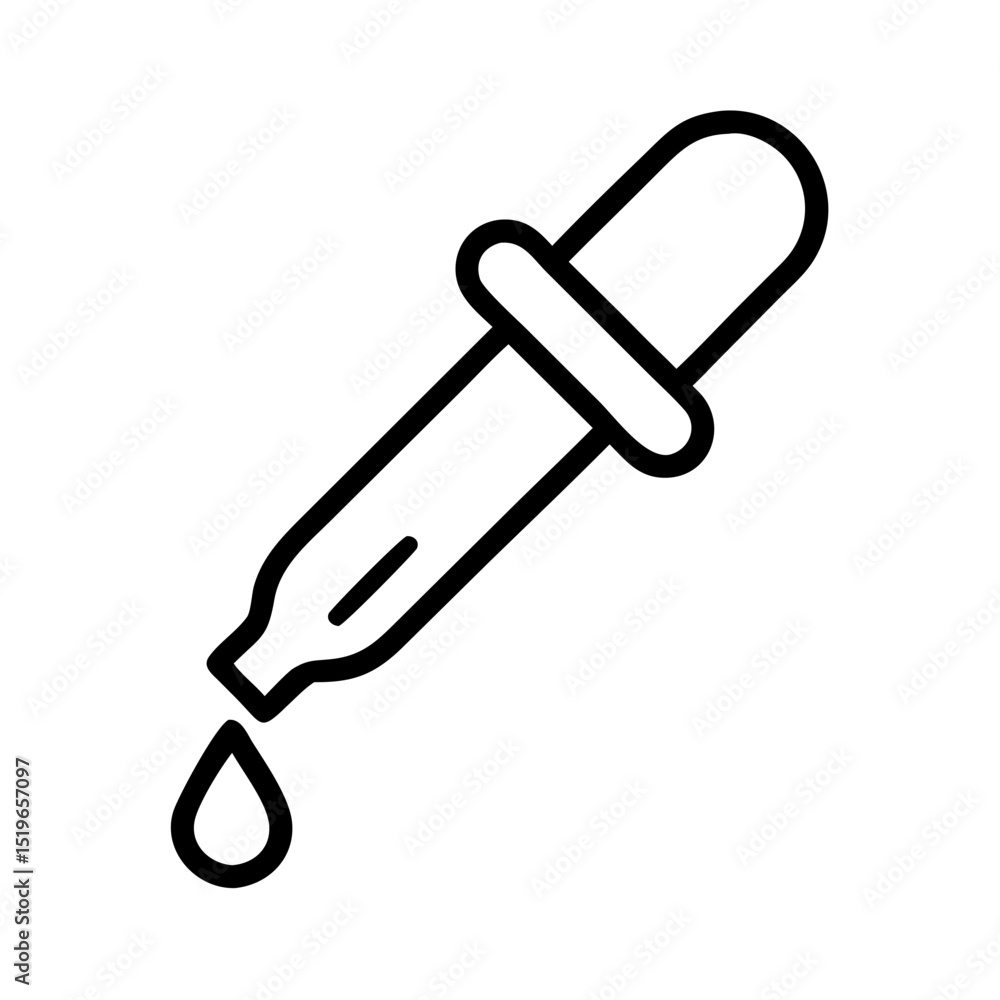 Poster simple graphic showing a dropper with a single drop falling in a black outline style design element