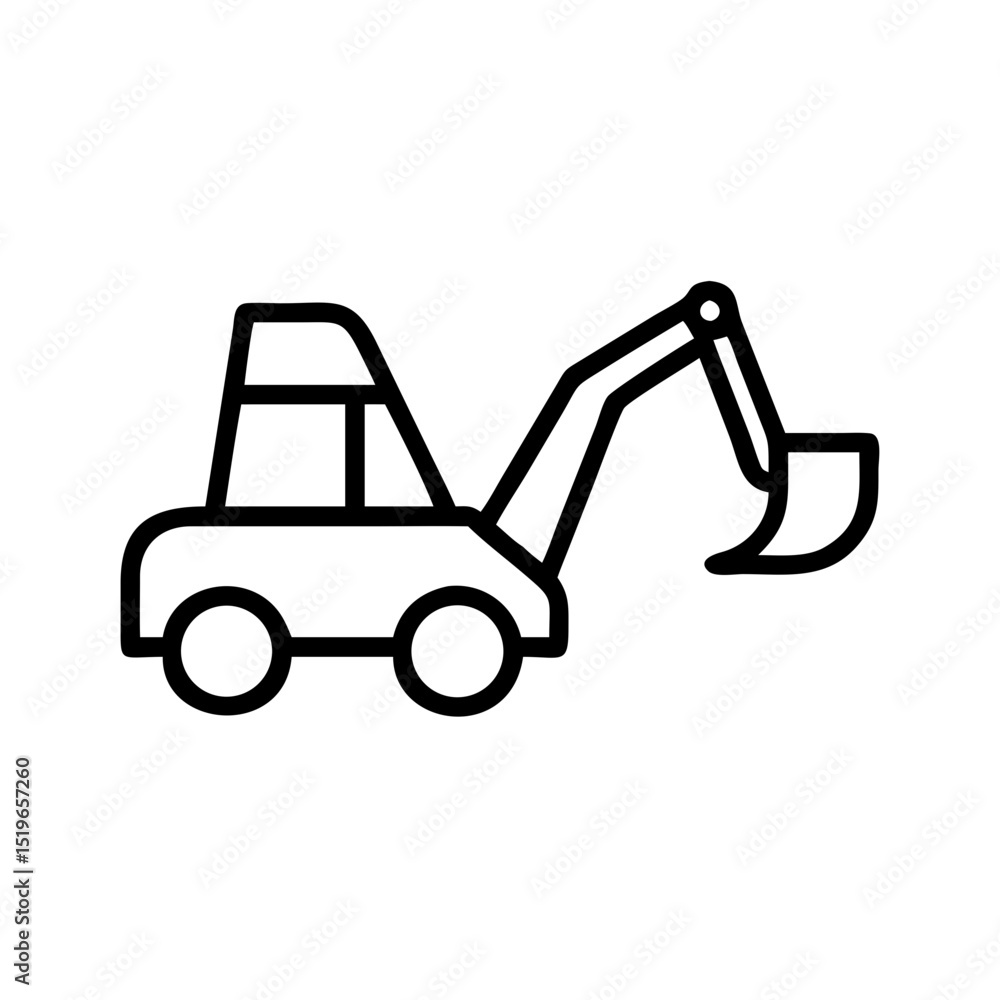 Poster simple graphic showing a digger with a bucket and wheels in a line drawing style isolated on white