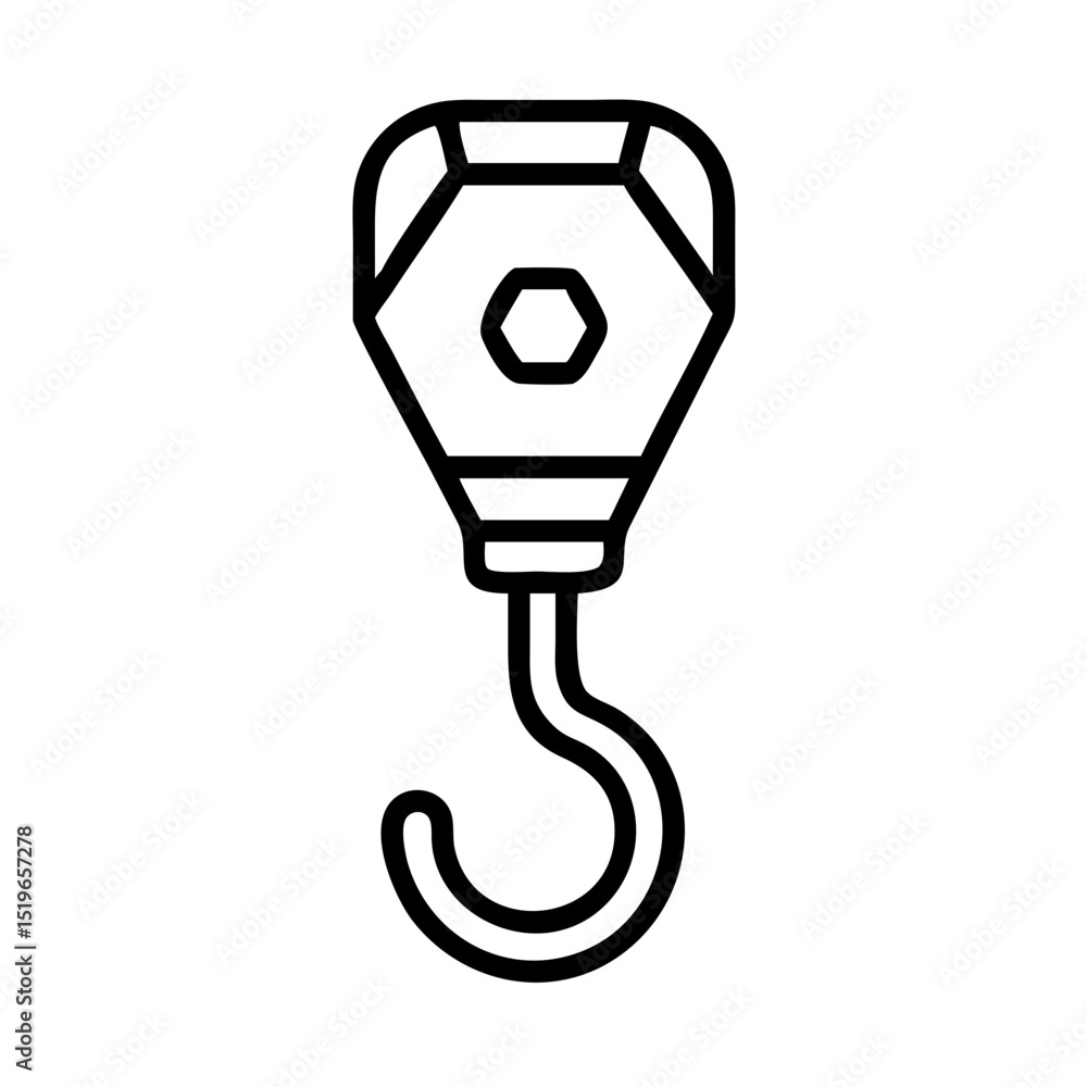 Poster a simple graphic showing a crane hook with a hexagonal shape at the top, outlined in black color
