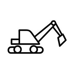 Outlined construction digger with bucket and treads on white background is isolated here nicely