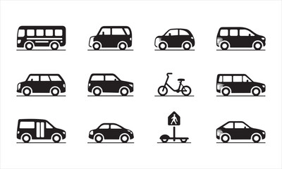 a set of various transportation icons, including cars, vans, buses, a bicycle, and a pedestrian crossing sign, all in a simple, black silhouette style.