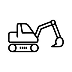 Simple depiction of a construction digger with a scoop and treads in a line drawing style image
