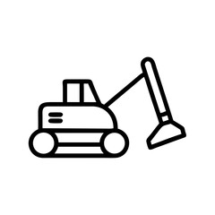 Simple depiction of a small excavator with a digger arm and treads in a line drawing style