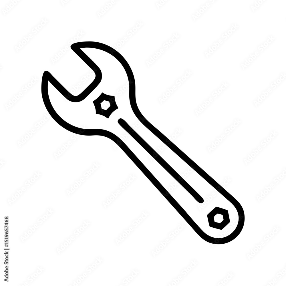 Poster a simple depiction of a wrench tool with clear outline and geometric shapes inside the tool body
