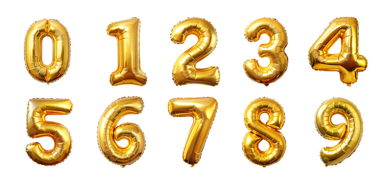 Gold number balloons from zero to nine on black background Golden balloons zero through nine png collection golden foil made numbers png no background foil paper balloons numbers