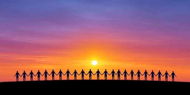 Abstract circle of people silhouettes holding hands in unity