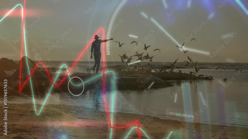 Poster man raising arm initiating birds taking flight as tech graphs pulsing guiding flock across beach