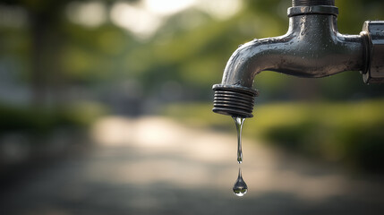 dripping tap outdoor symbolizing water waste and scarcity, ideal for illustrating ecological issues, plumbing problems, or sustainable resource management campaigns