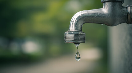 dripping tap outdoor symbolizing water waste and scarcity, ideal for illustrating ecological issues, plumbing problems, or sustainable resource management campaigns