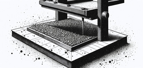Guillotine drawing in rough stipple ink with industrial halftone grime
