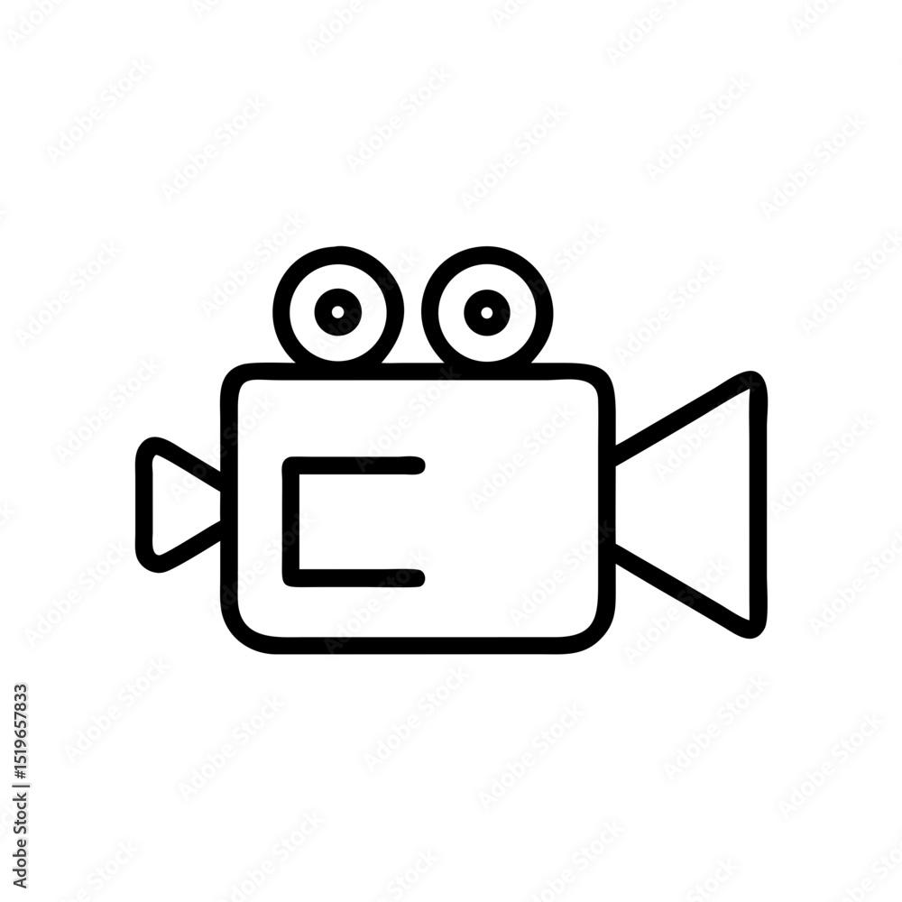 Poster simple line drawing of a classic film camera with two lenses and a side handle design element