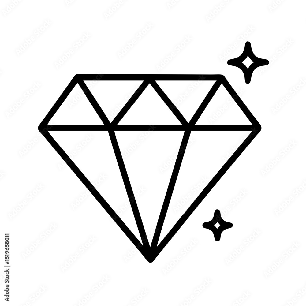 Poster outline drawing of a gem with facets and two shining stars on a white isolated background design ele