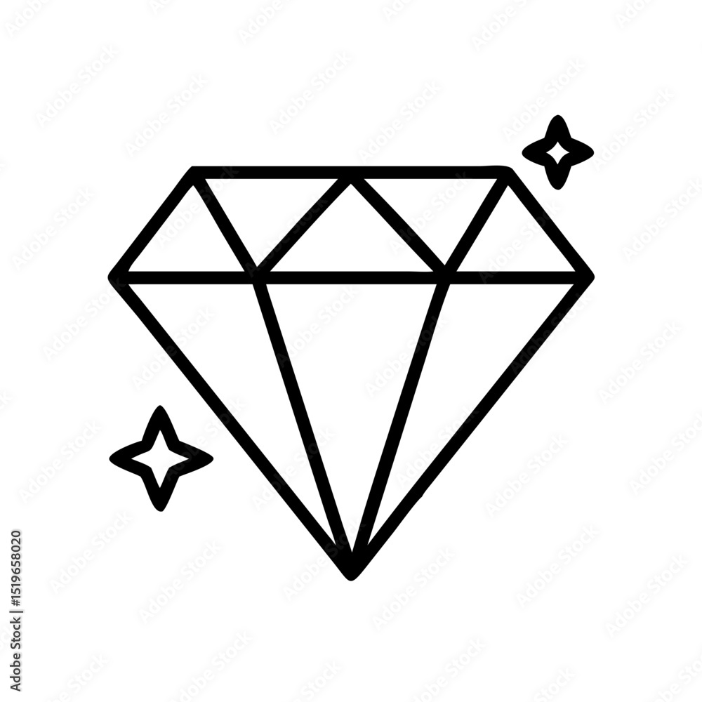 Poster stylized gem with facets and two small stars on either side, presented in a simple line drawing styl