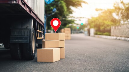 Cardboard boxes are stacked neatly next to a delivery truck parked by the roadside. The sun casts a warm glow on the scene, indicating afternoon activity