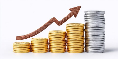 a minimalist layout of coins forming a staircase with an upward arrow above