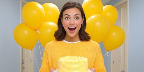 a realistic photo of a colleague being surprised with balloons and a milestone cake
