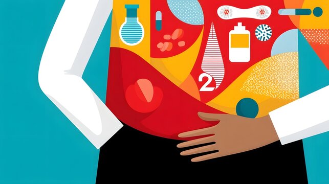 Hands holding belly with diabetes iconography - Powered by Adobe