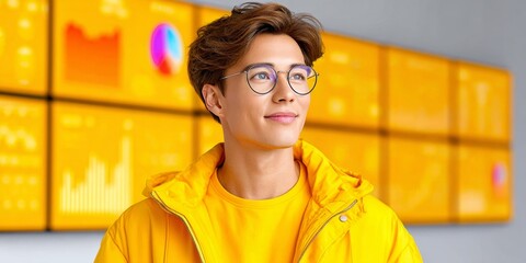 a realistic photo of a young entrepreneur smiling while checking a profitable dashboard
