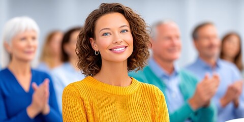 a realistic photo of an investment seminar with people applauding a financial breakthrough