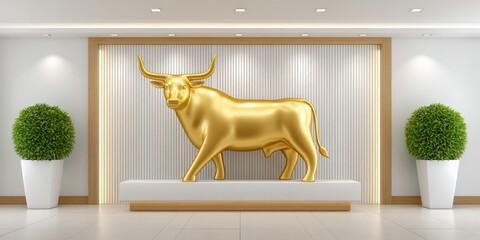 a realistic photo of office dÃ©cor showing gold bull and upward stock arrow