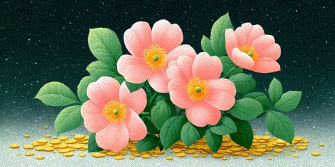 a watercolor painting of a peaceful scene with blooming flowers growing from gold coins