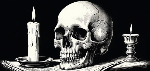 Skull and candle drawing in rough halftone print with gothic wax smears.
