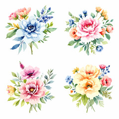 Set Watercolor summer bouquet colorful flowers on white background, Watercolor bouquet