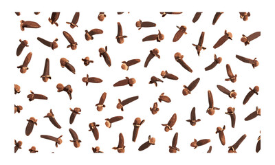 Syzygium aromaticum pattern, dry cloves top view, isolated on white, vector illustration, natural spice, culinary herbs, exotic flavor, health benefits, medicinal uses, spice pattern.