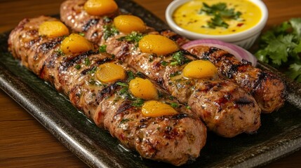 Grilled meat skewers topped with fruit, served with a dipping sauce
