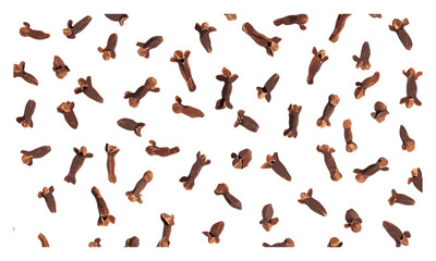Dry cloves isolated on white, top view, Syzygium aromaticum vector illustration, herbal spice, fragrant cloves, kitchen herbs, spice design, aromatic pattern, cooking ingredient.