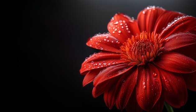 red flower with water drops on black background with copy space