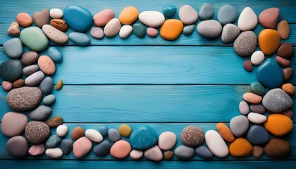 colorful pebble stone frame on wooden background.